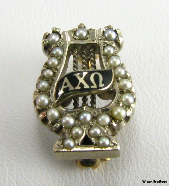   CHI OMEGA   14k White Gold sorority Pearled Harp PIN BADGE  