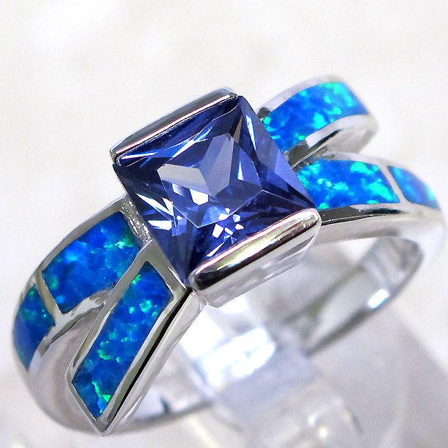 FANTASTIC BLUE OPAL TANZANITE 925 STERLING SILVER RING SIZE 7.5  