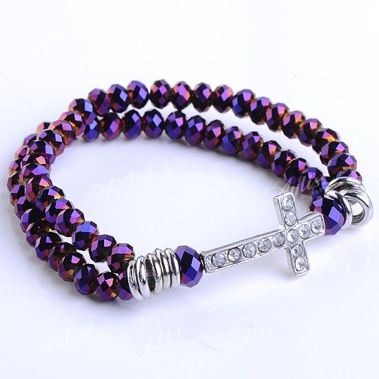 12 Colors 2 Row Faceted Crystal Glass Cross Beads Bracelet Wristband 