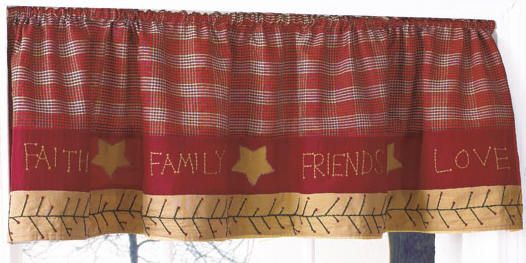 COUNTRY VALANCE,faith,family,friend,love,primitive,NEW,plaid,burgundy 