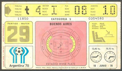 ARGENTINA SOCCER WORLD CUP 1978 TICKET # 29 USED  