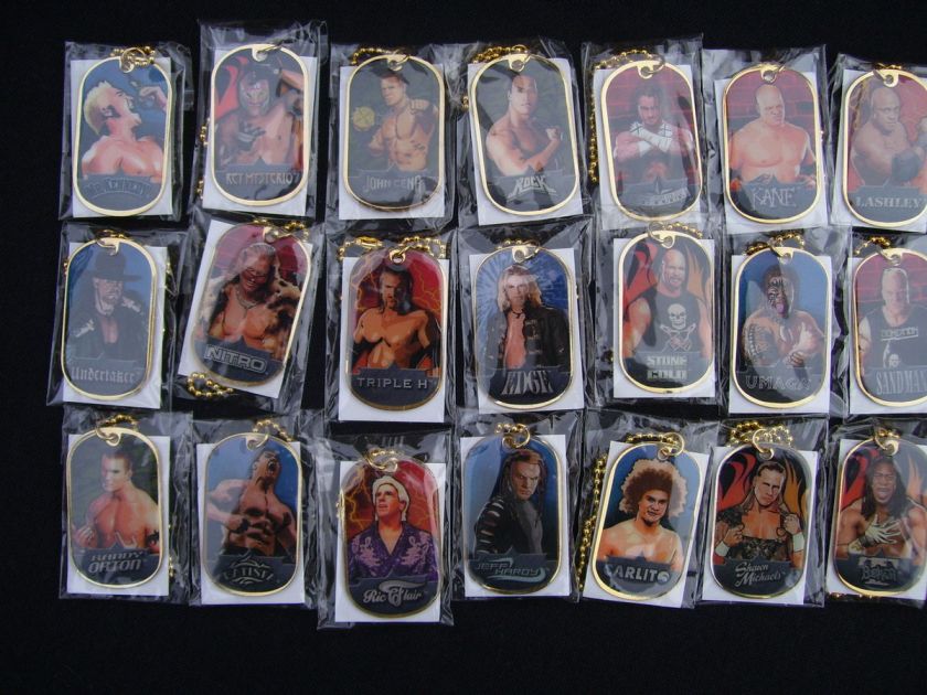   21 VERY RARE GOLD PLATED WWE WRESTLING DOG TAGS JOHN CENA JEFF HARDY